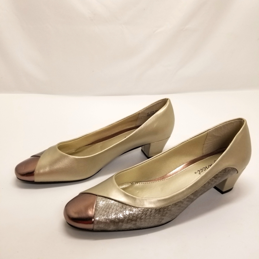 Easy street Champagne Metallic Cap-Toe Low Heel Pumps